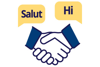 Icon of two hands shaking with speech bubbles in different languages