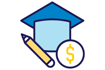 Icon of a graduation cap with a coin and a pencil